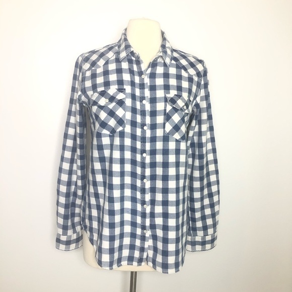 Highland Park Material Girl blue & white button down plaid top size medium - Picture 1 of 9